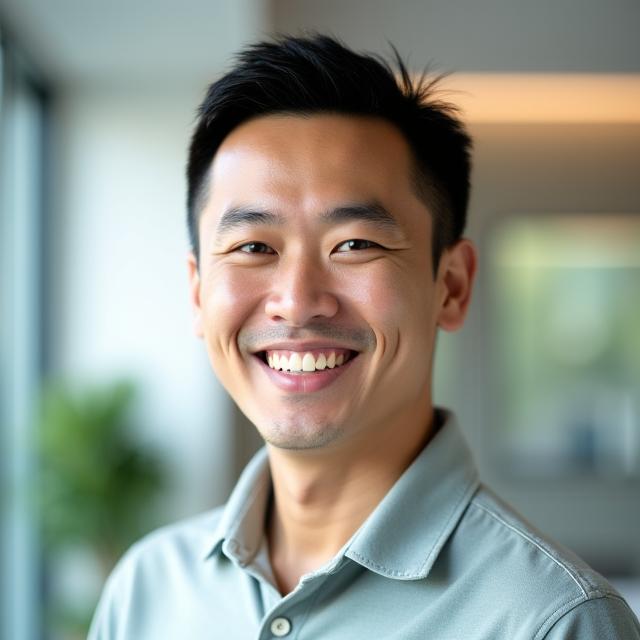 Professional headshot of Liam Tan smiling, a certified dog trainer