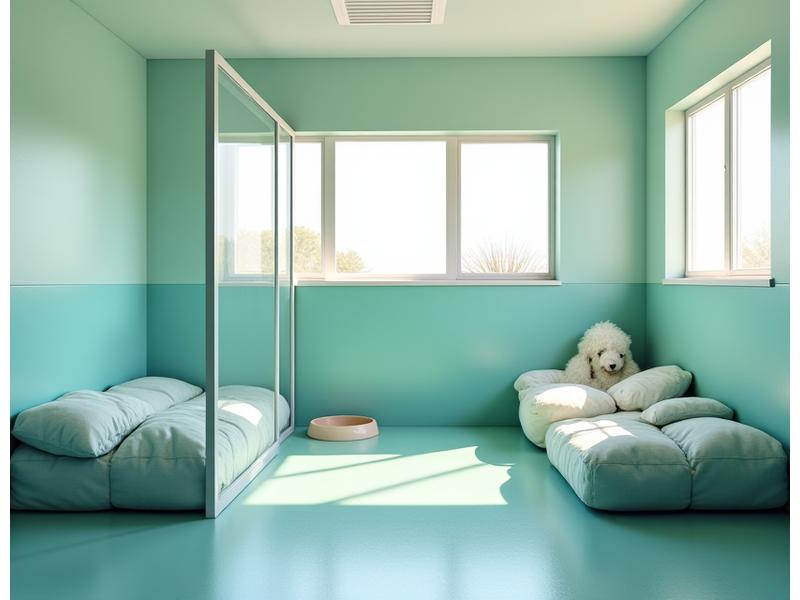 Clean, spacious dog kennel interior with comfortable bedding and natural light