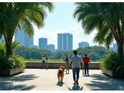 Dog walking calmly on leash through a crowded Singapore park