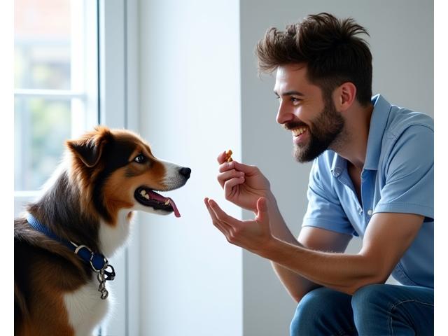 Dog trainer demonstrating positive reinforcement with a happy, focused dog during an obedience session.