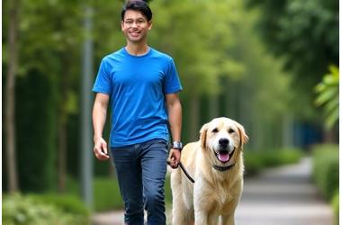 Dog gracefully walking on a leash with a handler