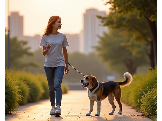 Dog gracefully walking on leash in a busy Singapore urban park with skyline in background, demonstrating good leash manners
