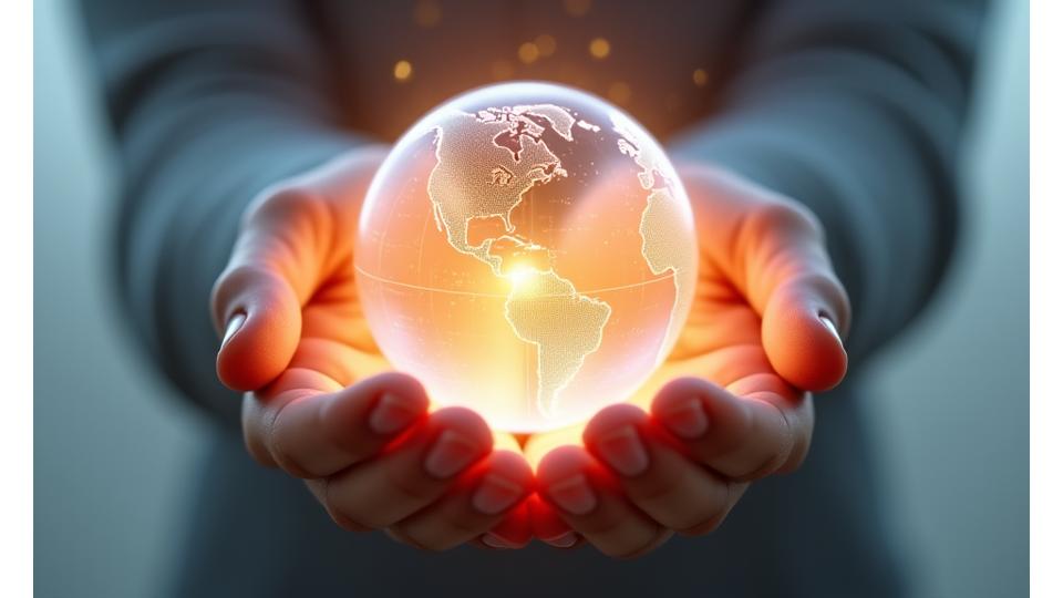 Open hands cupping a holographic globe with data points, symbolizing user control over their personal information and data privacy.