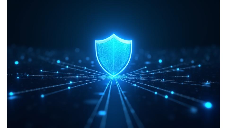 CGI render of a digital shield icon over a network of interconnected data points, representing robust data security and privacy measures.
