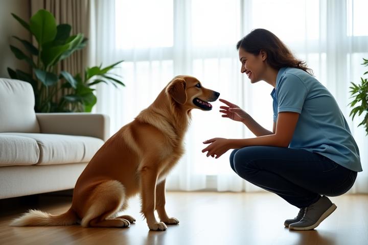 Dog trainer working with a golden retriever in a modern Singapore home living room, showcasing private in-home dog training.