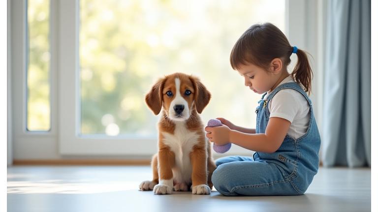 Puppy sitting attentively next to small child during a training session.