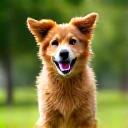 Bella, a rescued spaniel mix, looking happy and confident in a green field.