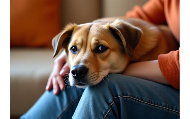 A dog resting its head gently on a human's lap, demonstrating a strong bond of trust.