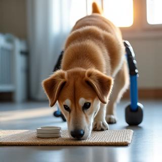 Dog with a mobility aid (e.g., cart) happily engaging in a ground search, showing adaptability