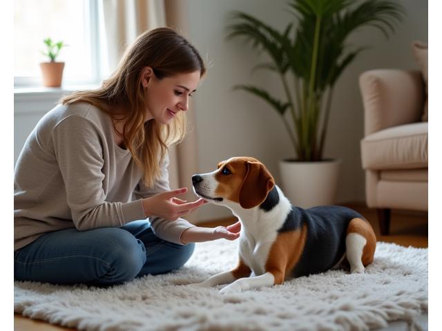 A trainer gently guiding a senior dog through a simple, low-stress exercise on a soft surface, prioritizing comfort over performance.