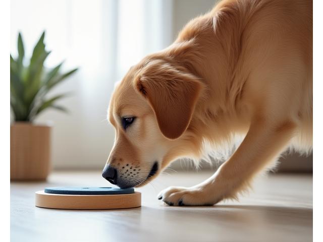 An older golden retriever gently nose-nudging a low-impact puzzle toy, engaged and content, showing mental stimulation.
