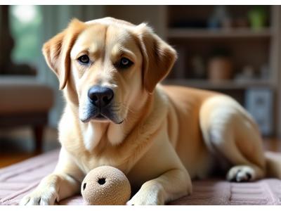 Max, a previously anxious senior Labrador, now calmly playing with a soft toy, symbolizing reduced anxiety and improved quality of life.