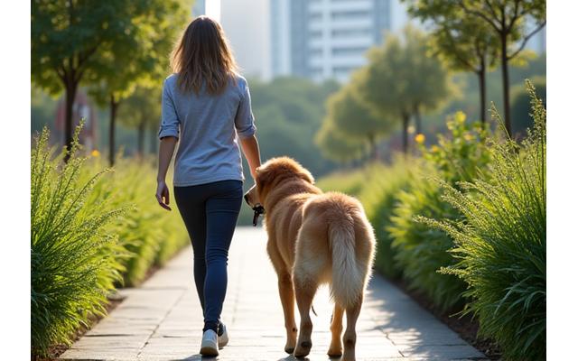 A dog and owner responsibly using a communal garden space in an apartment complex.