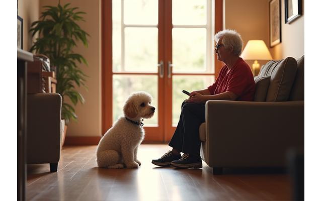 A dog owner chatting positively with a neighbor in an apartment hallway, dog sitting calmly at heel.