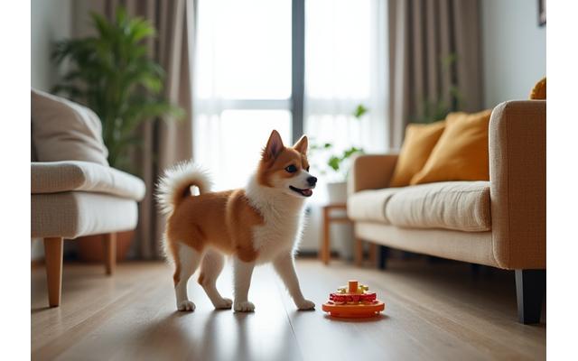 A small dog performing a trick indoors in a compact apartment, illustrating efficient use of space.